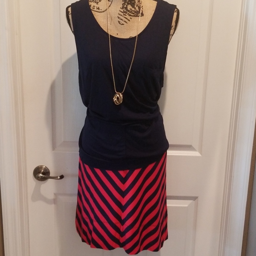 4 pieces Navy coral/pink skirt & top with jewelry